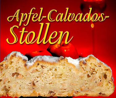 Angeschnittener Apfel-Calvados-Stollen mit kleinen Marzipanstücken